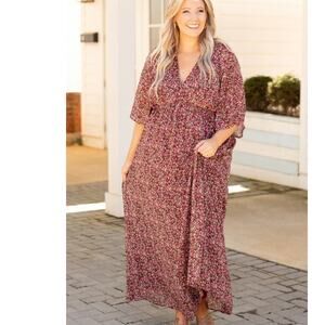 Floral Burgundy V Neck maxi dress XL